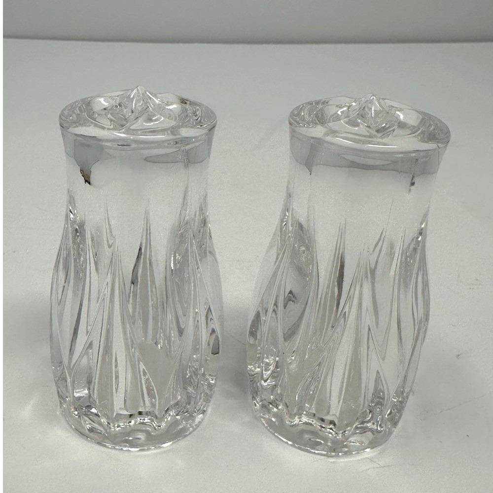 Vintage Clear Cut Lead Crystal Salt and Pepper Shakers Set Flame Pattern Stopper